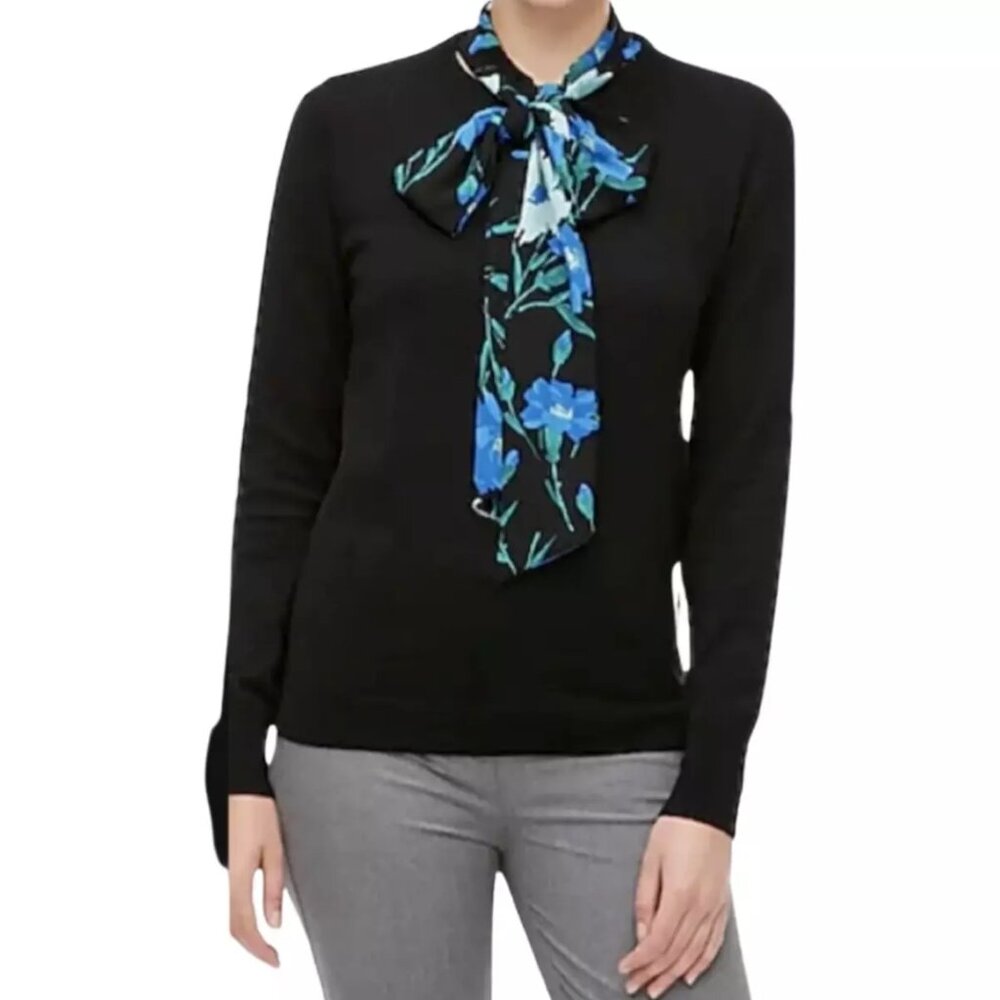 J Crew Womens Black Blue Floral Attached Scarf Sweater Long Sleeve XS